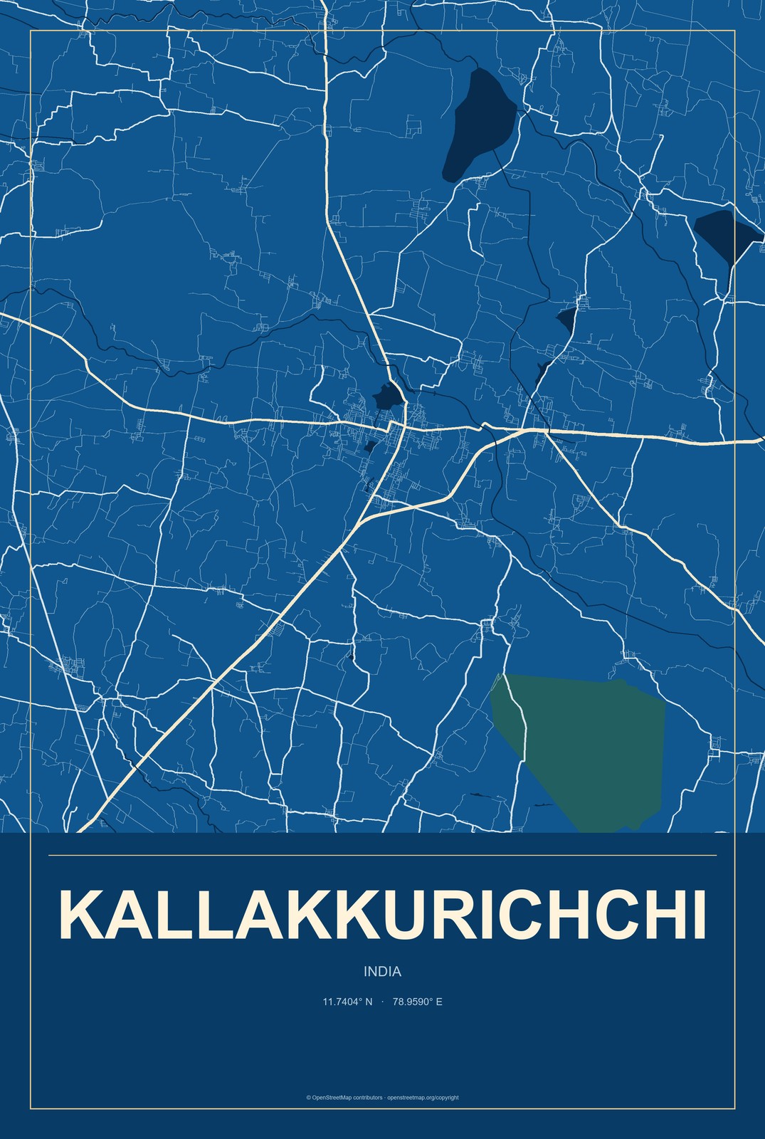 Kallakkurichchi, India City Map Aluminum Sign in Harbor Cobalt style