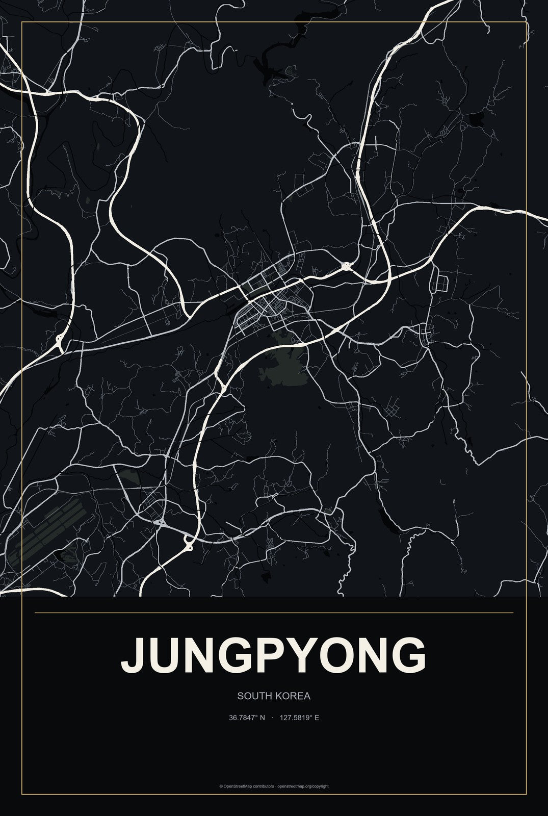 Jungpyong, South Korea City Map Aluminum Sign in Metropolitan Noir style