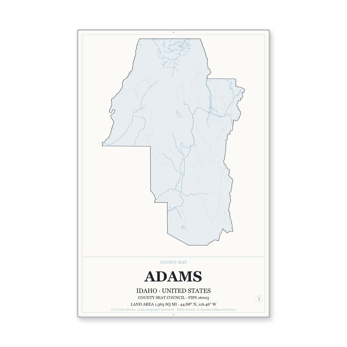 Adams County, Idaho Map Aluminum Sign in Gallery Air style