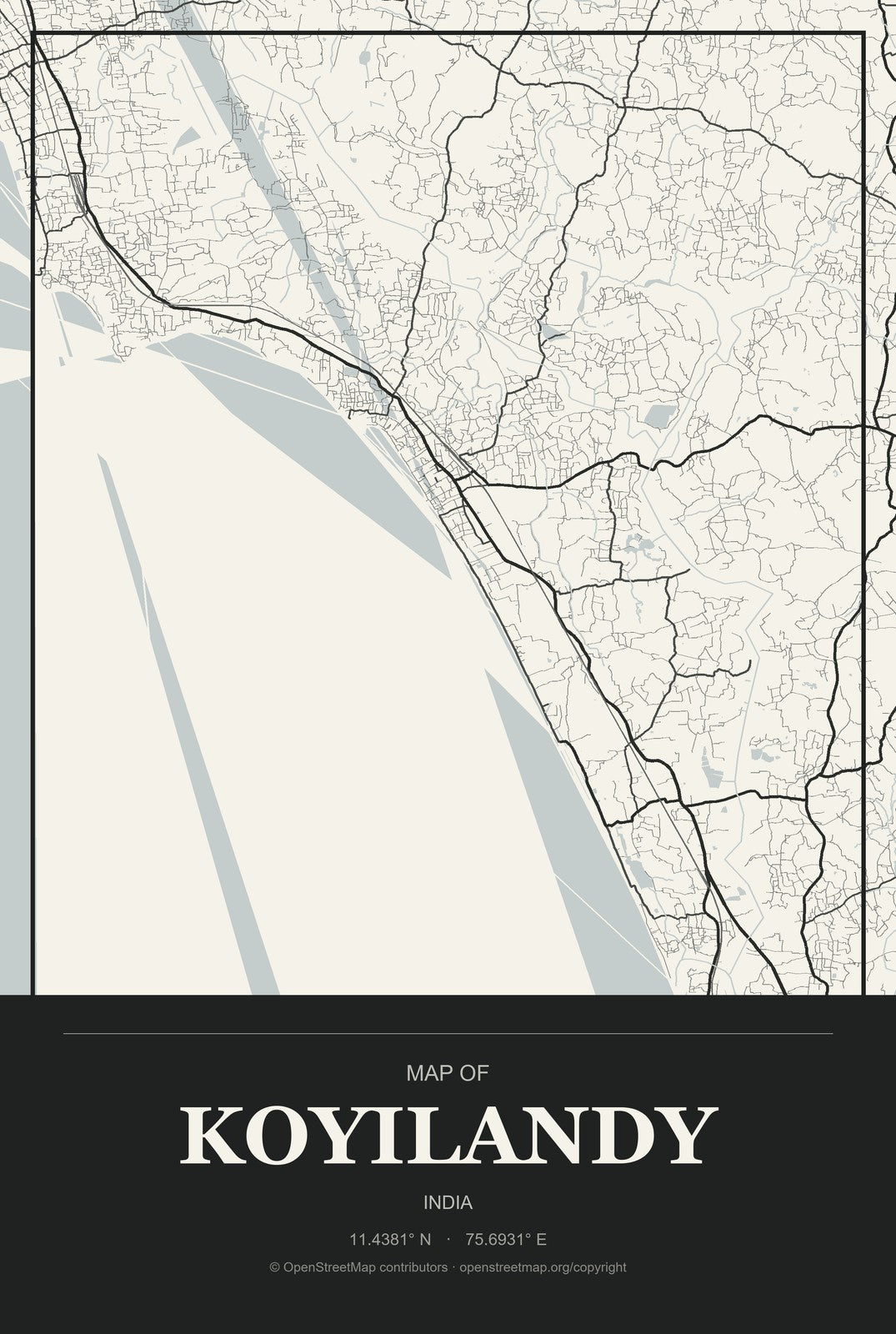 Koyilandy, India City Map Aluminum Sign in Museum Plaque style