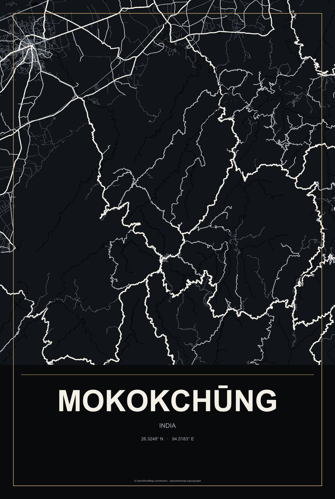 Mokokchūng, India City Map Aluminum Sign in Metropolitan Noir style