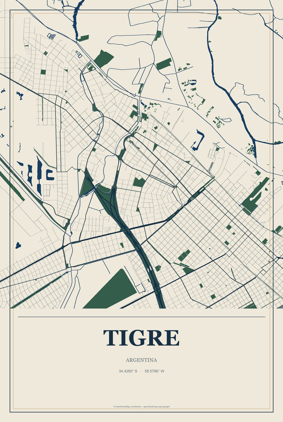 Tigre, Argentina City Map Aluminum Sign in Coastal Cutout style