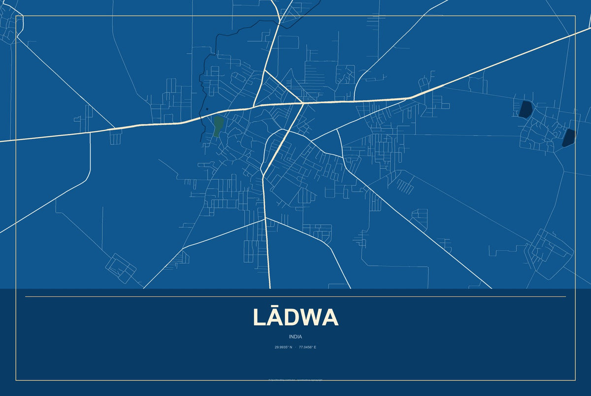 Lādwa, India City Map Aluminum Sign in Harbor Cobalt style