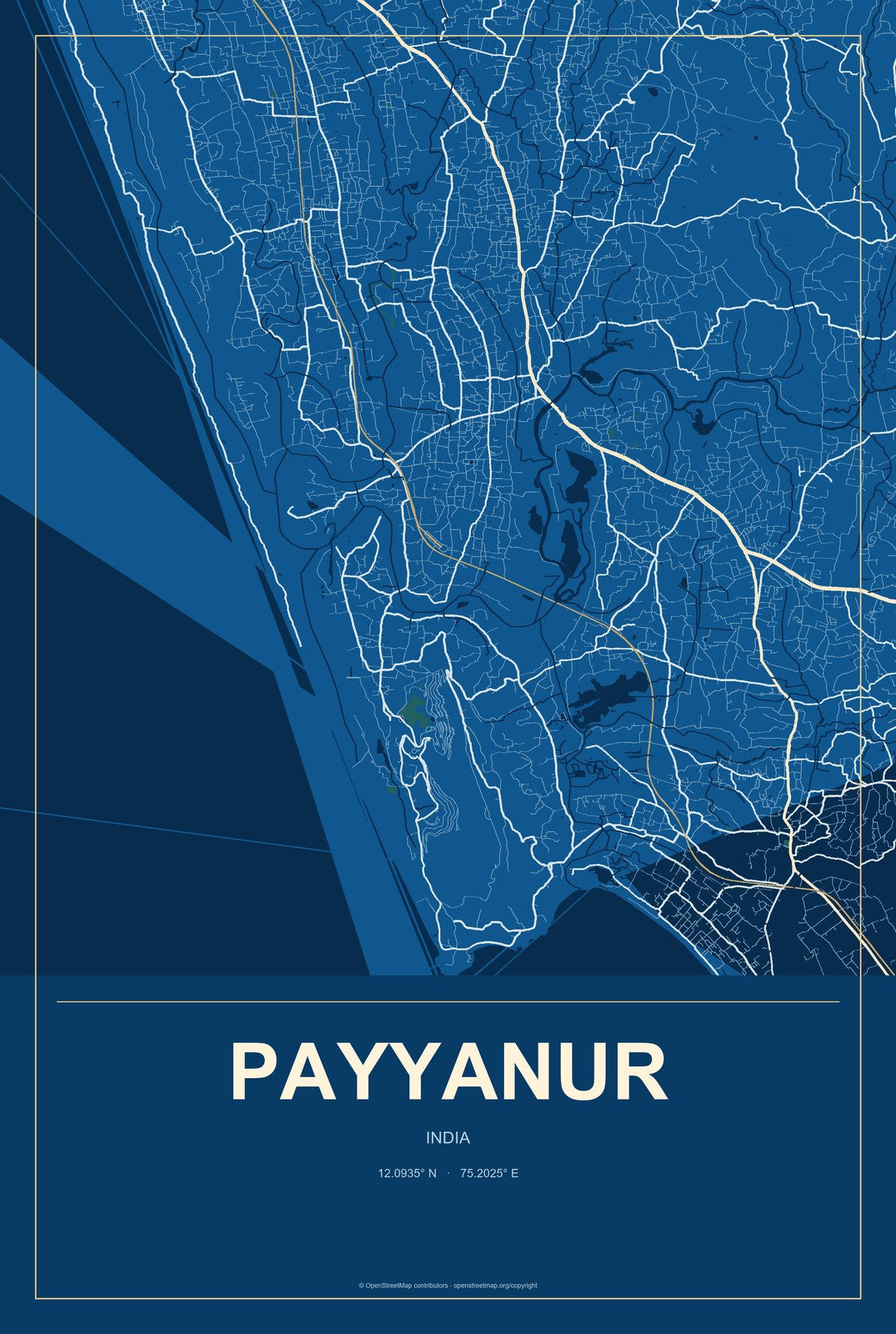 Payyanur, India City Map Aluminum Sign in Harbor Cobalt style