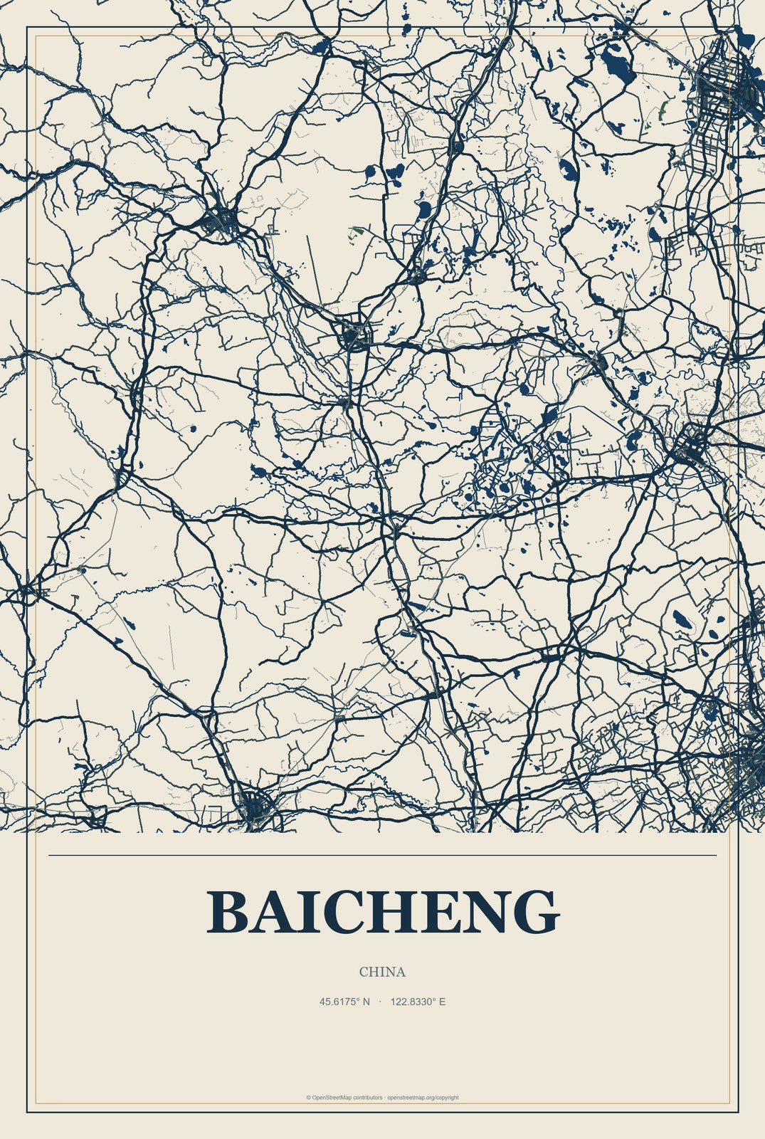 Baicheng, Jilin, China City Map Aluminum Sign in Coastal Cutout style