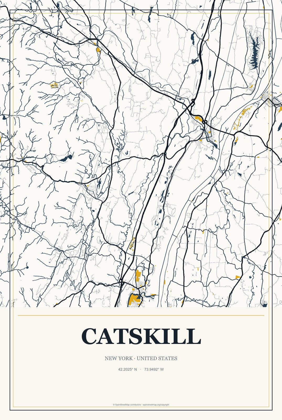 Catskill, New York City Map Aluminum Sign in Citrine Modern style