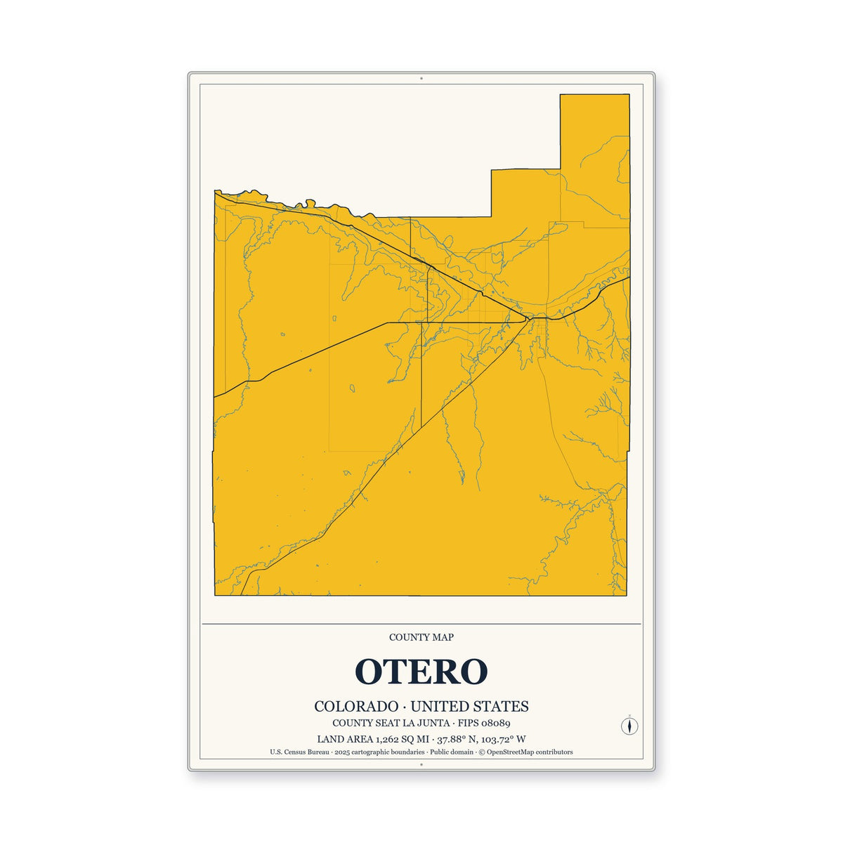 Otero County, Colorado Map Aluminum Sign in Citrine Modern style