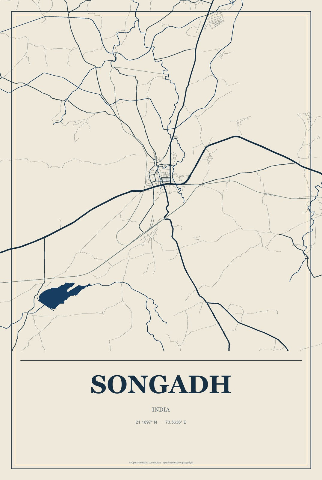 Songadh, India City Map Aluminum Sign in Coastal Cutout style
