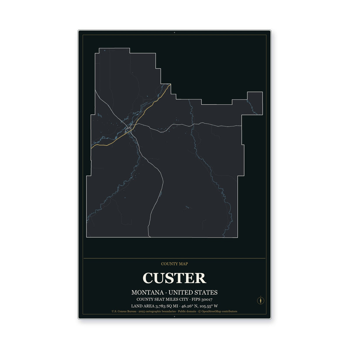 Custer County, Montana Map Aluminum Sign in Metropolitan Noir style