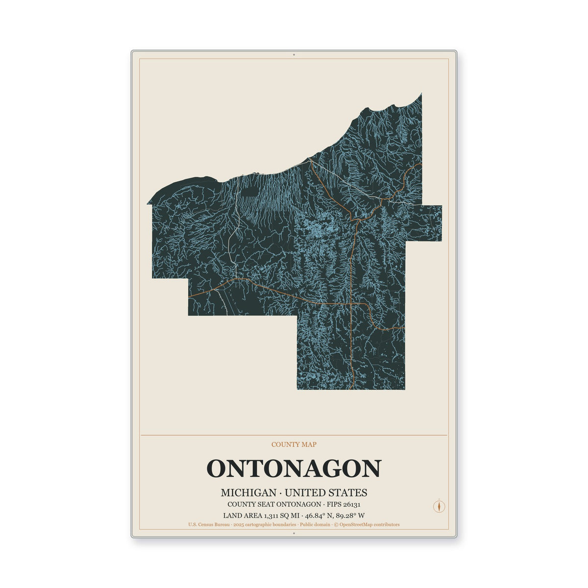 Ontonagon County, Michigan Map Aluminum Sign in Headline Atlas style