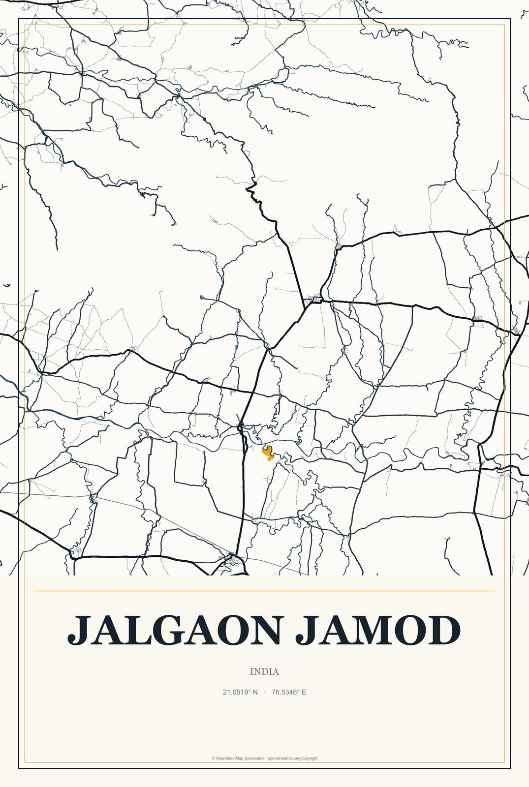 Jalgaon Jamod, India City Map Aluminum Sign in Citrine Modern style