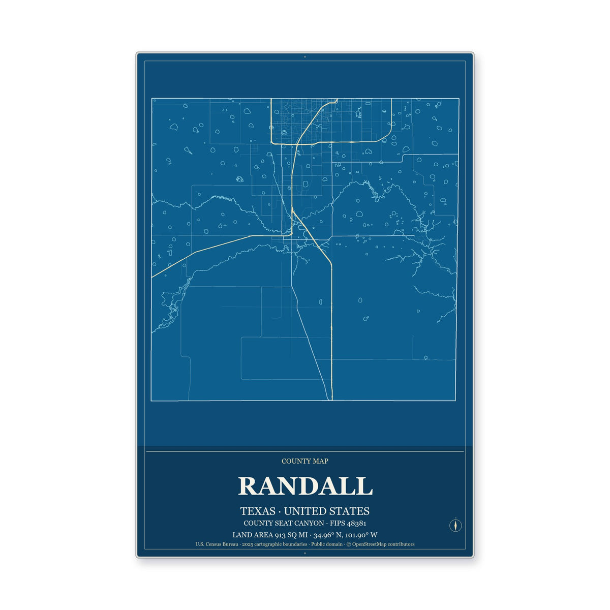 Randall County, Texas Map Aluminum Sign in Harbor Cobalt style