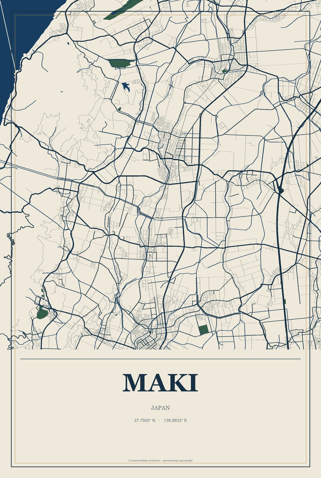 Maki, Japan City Map Aluminum Sign in Coastal Cutout style