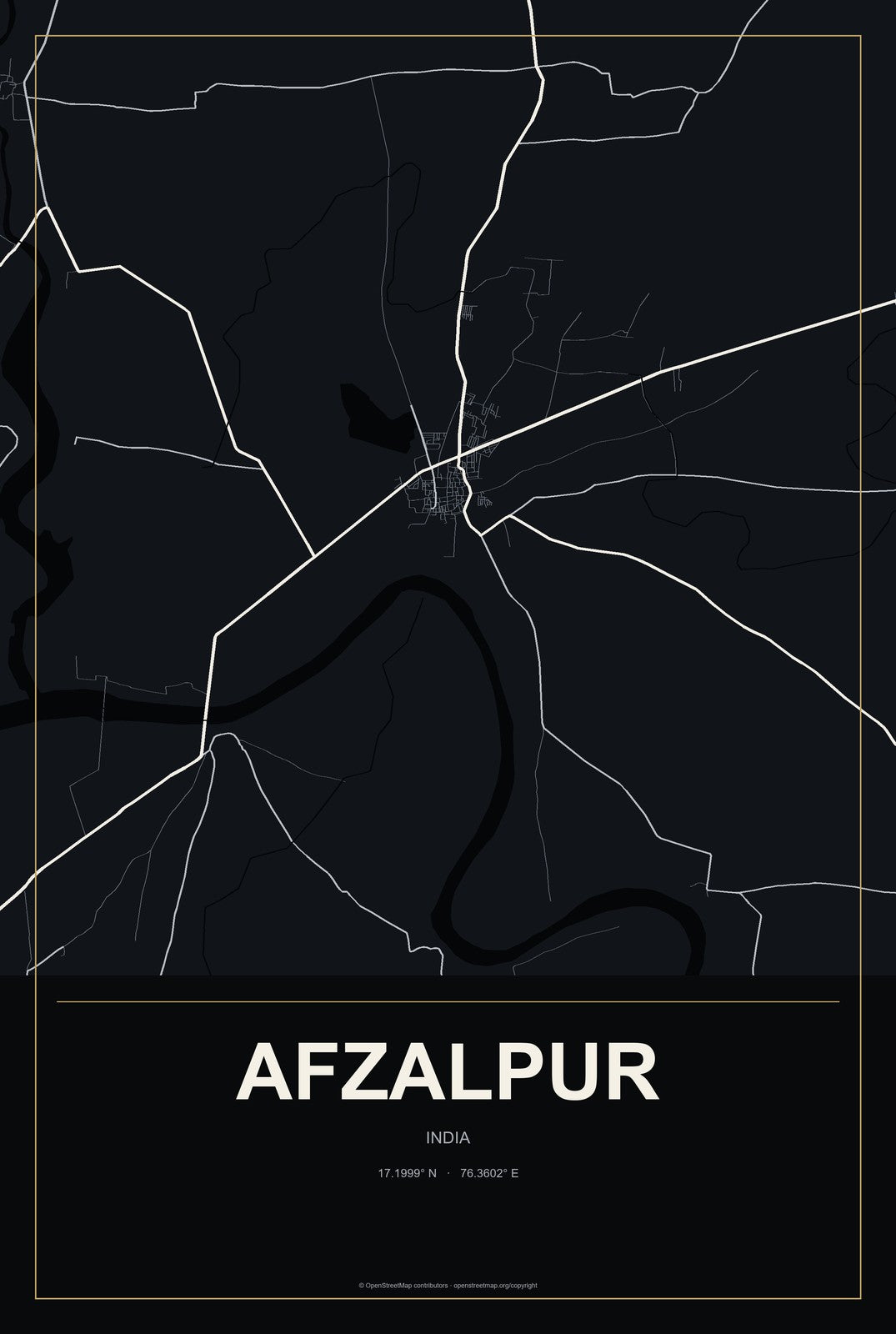 Afzalpur, India City Map Aluminum Sign in Metropolitan Noir style