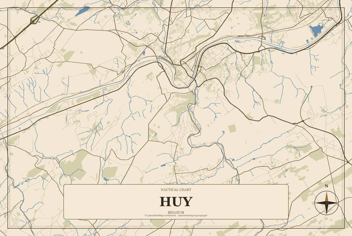 Huy, Belgium City Map Aluminum Sign in Heritage Nautical style
