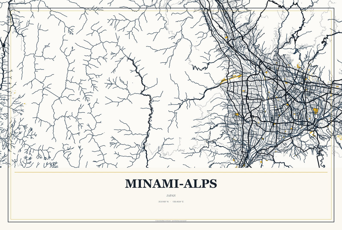 Minami-Alps, Japan City Map Aluminum Sign in Citrine Modern style