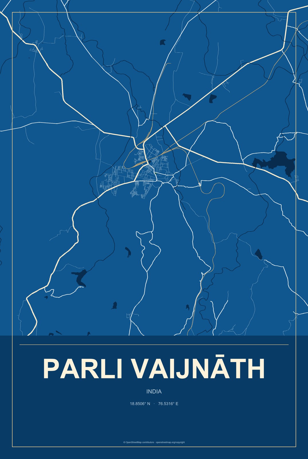 Parli Vaijnāth, India City Map Aluminum Sign in Harbor Cobalt style