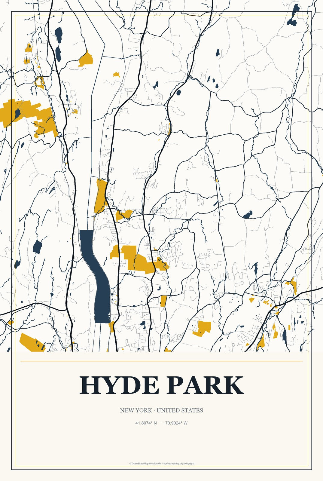 Hyde Park, New York City Map Aluminum Sign in Citrine Modern style