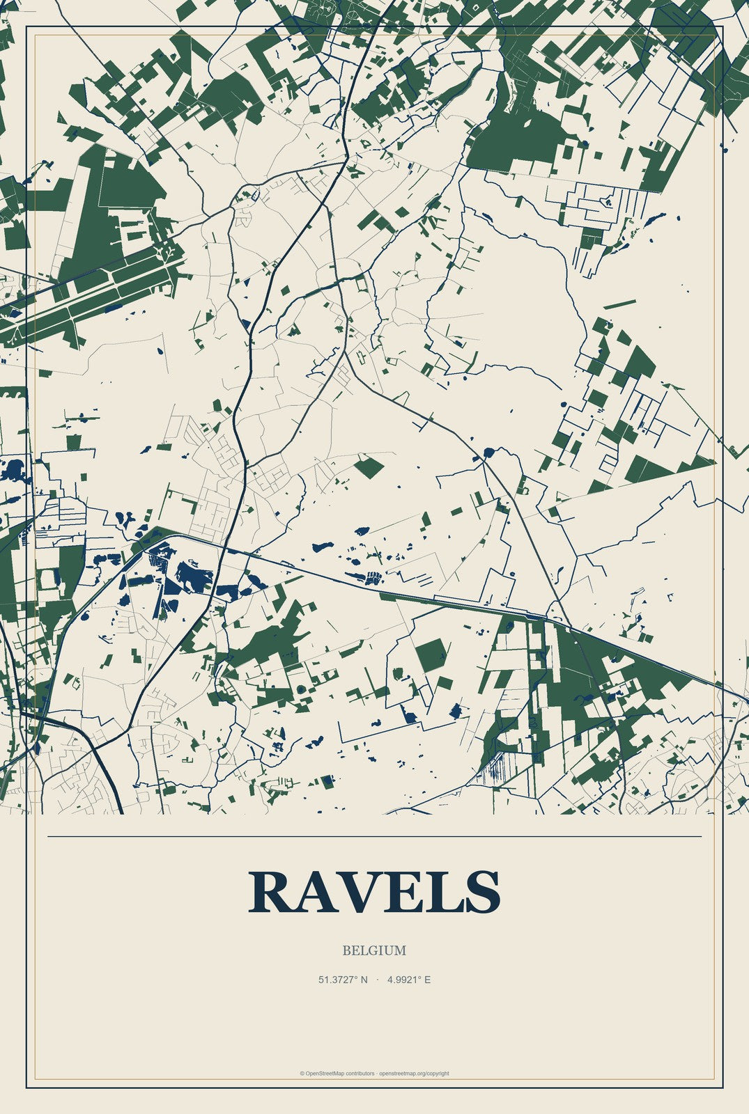 Ravels, Belgium City Map Aluminum Sign in Coastal Cutout style