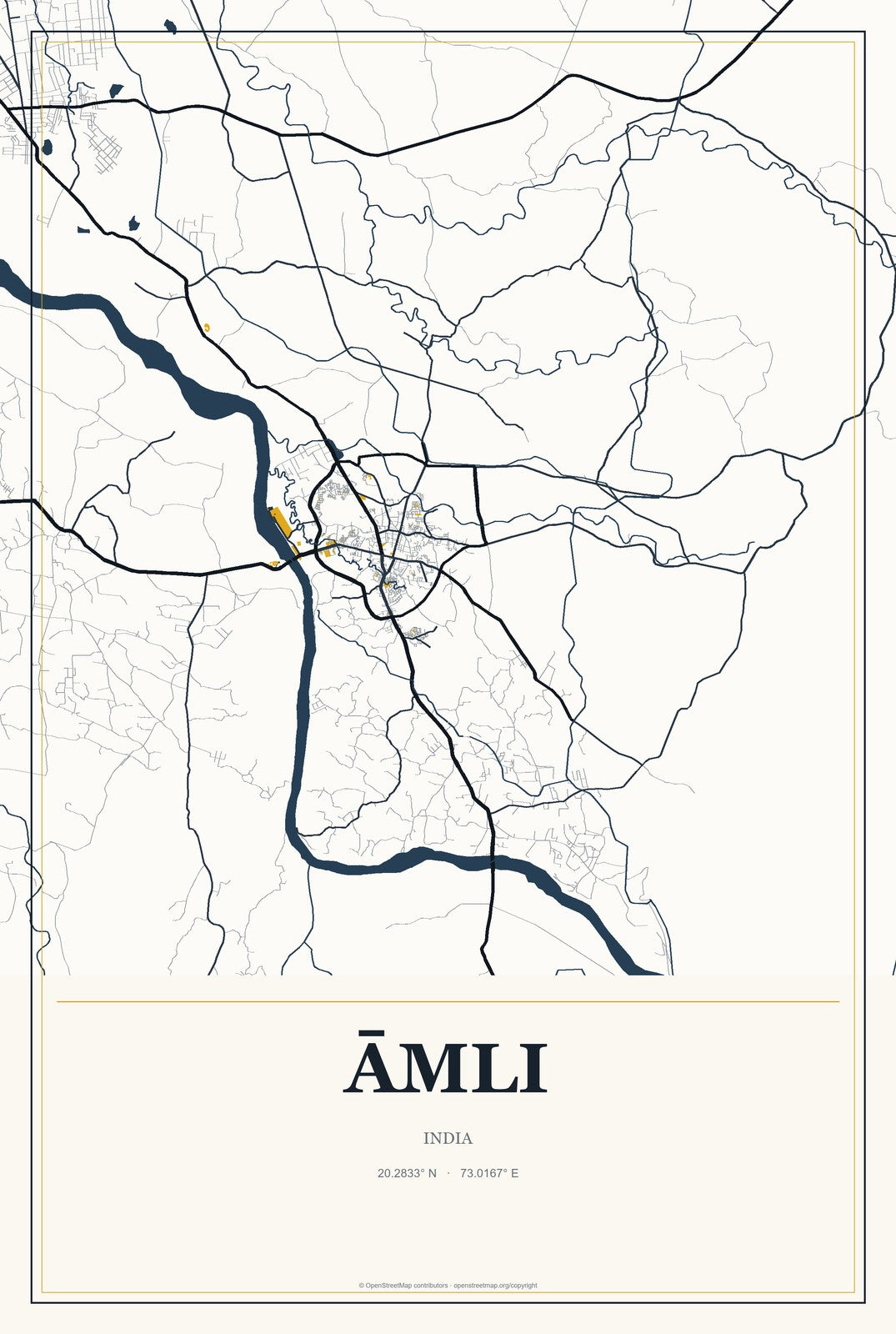 Āmli, India City Map Aluminum Sign in Citrine Modern style