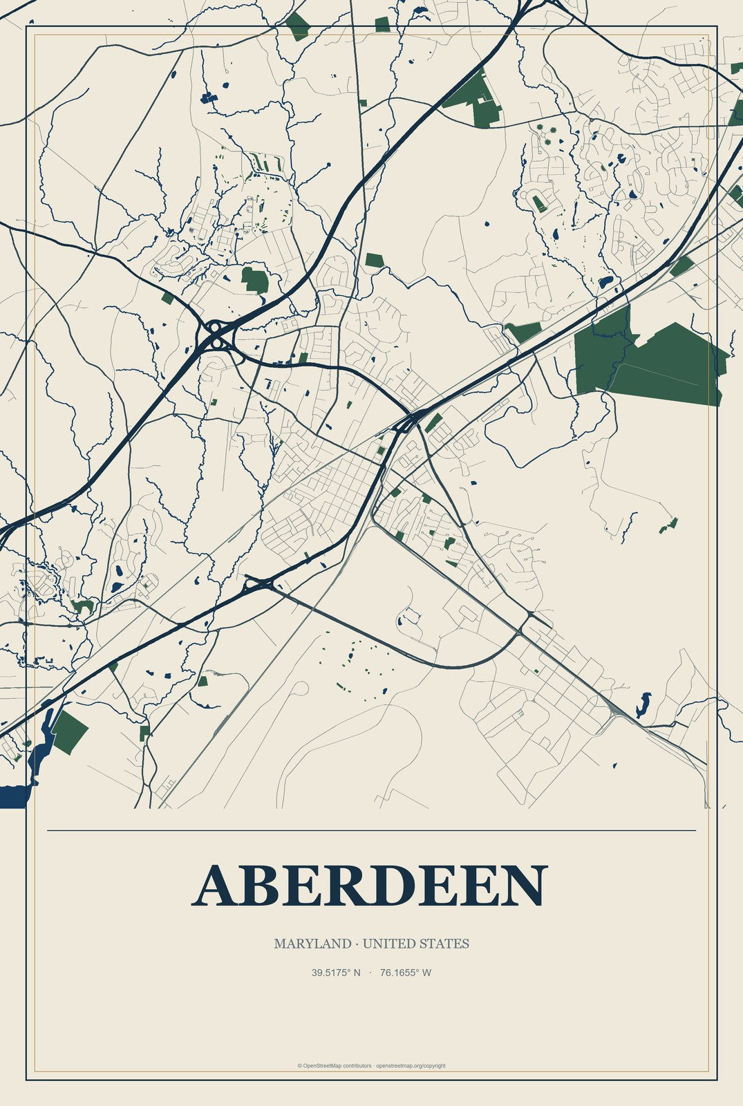 Aberdeen, Maryland City Map Aluminum Sign in Coastal Cutout style