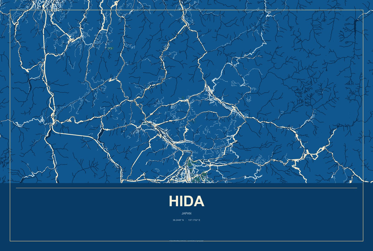 Hida, Japan City Map Aluminum Sign in Harbor Cobalt style