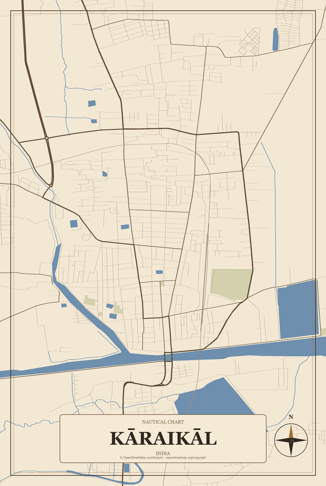 Kāraikāl, India City Map Aluminum Sign in Heritage Nautical style