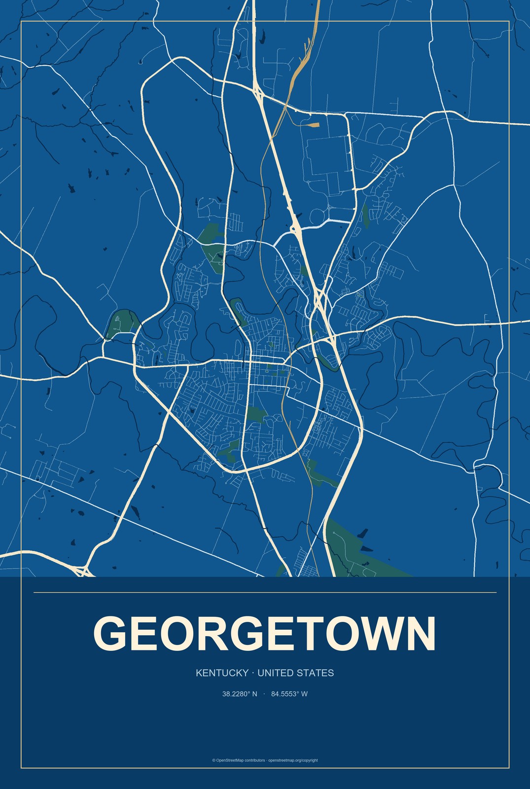 Georgetown, Kentucky City Map Aluminum Sign in Harbor Cobalt style