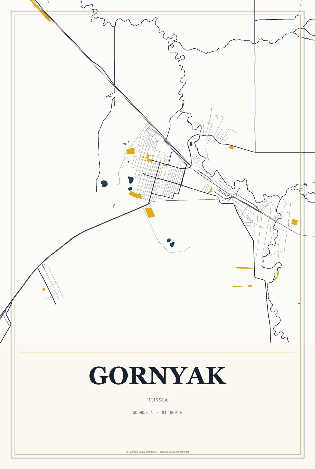 Gornyak, Russia City Map Aluminum Sign in Citrine Modern style