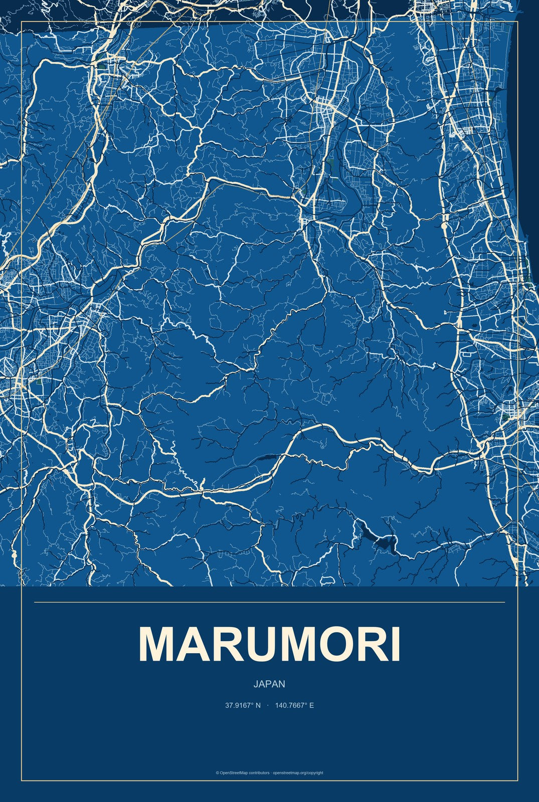 Marumori, Japan City Map Aluminum Sign in Harbor Cobalt style