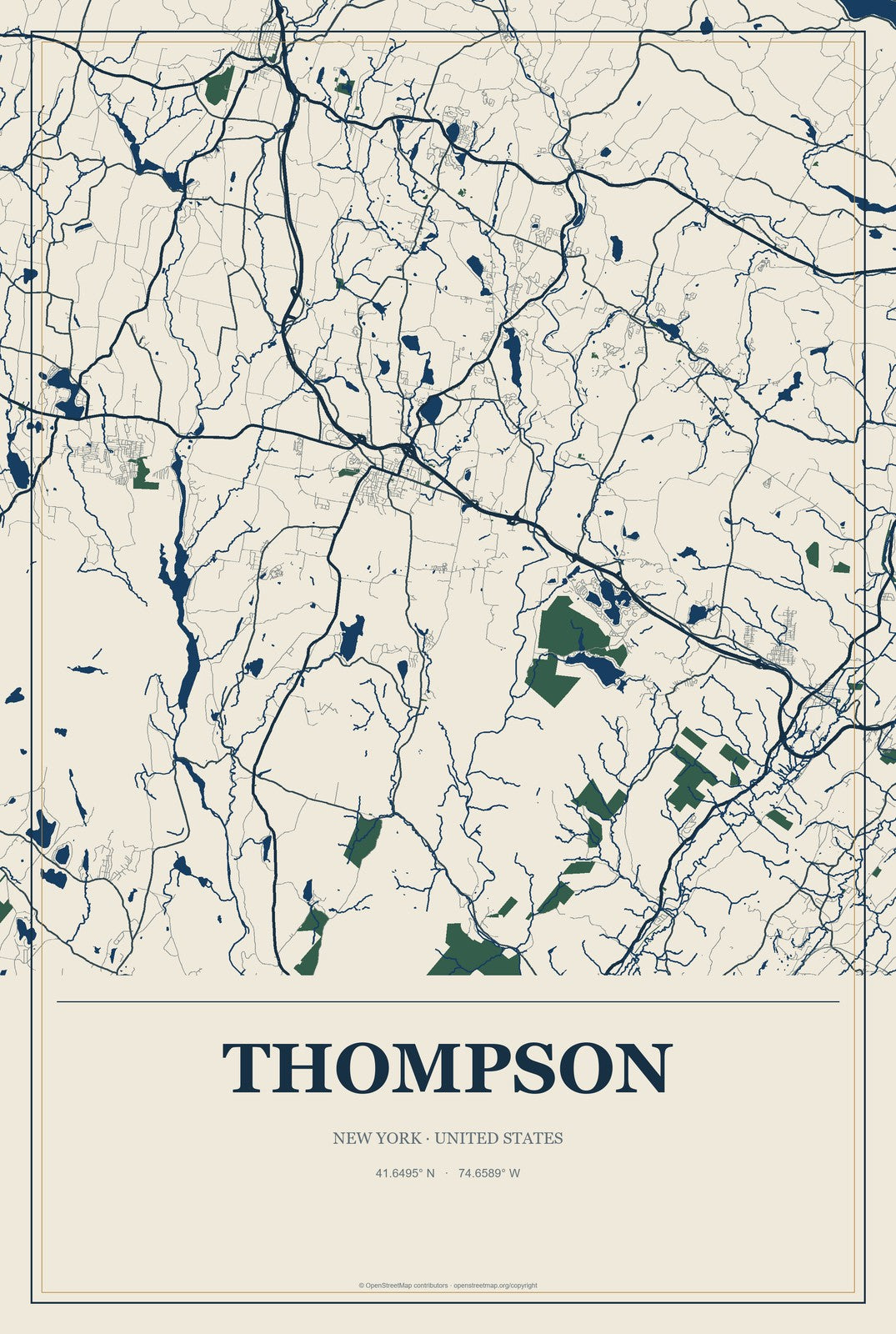 Thompson, New York City Map Aluminum Sign in Coastal Cutout style