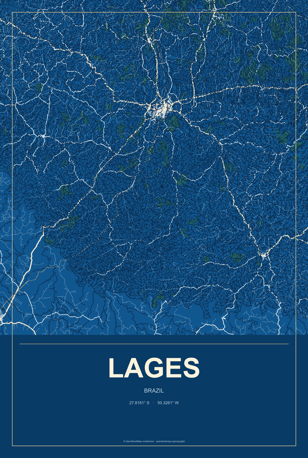 Lages, Brazil City Map Aluminum Sign in Harbor Cobalt style