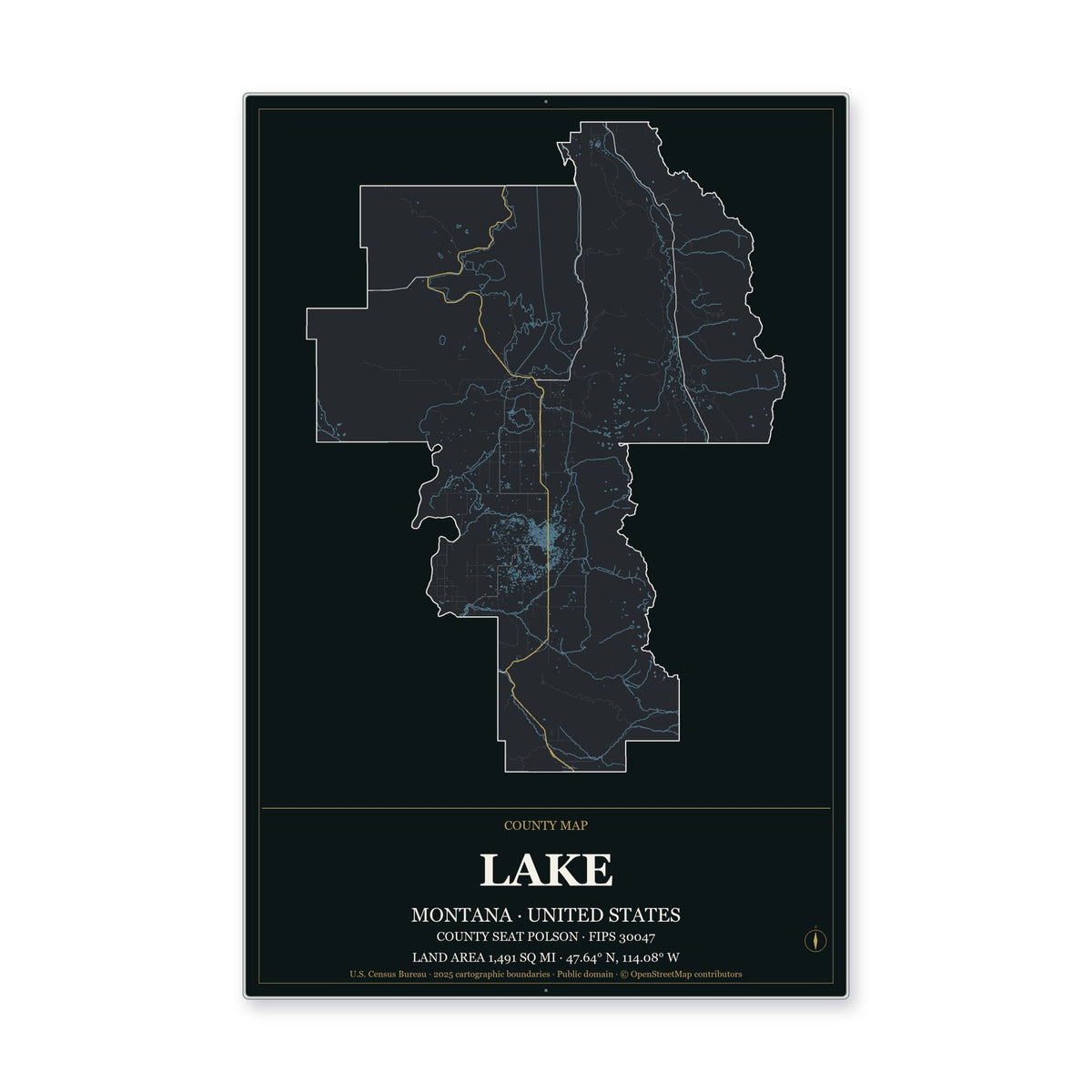 Lake County, Montana Map Aluminum Sign in Metropolitan Noir style