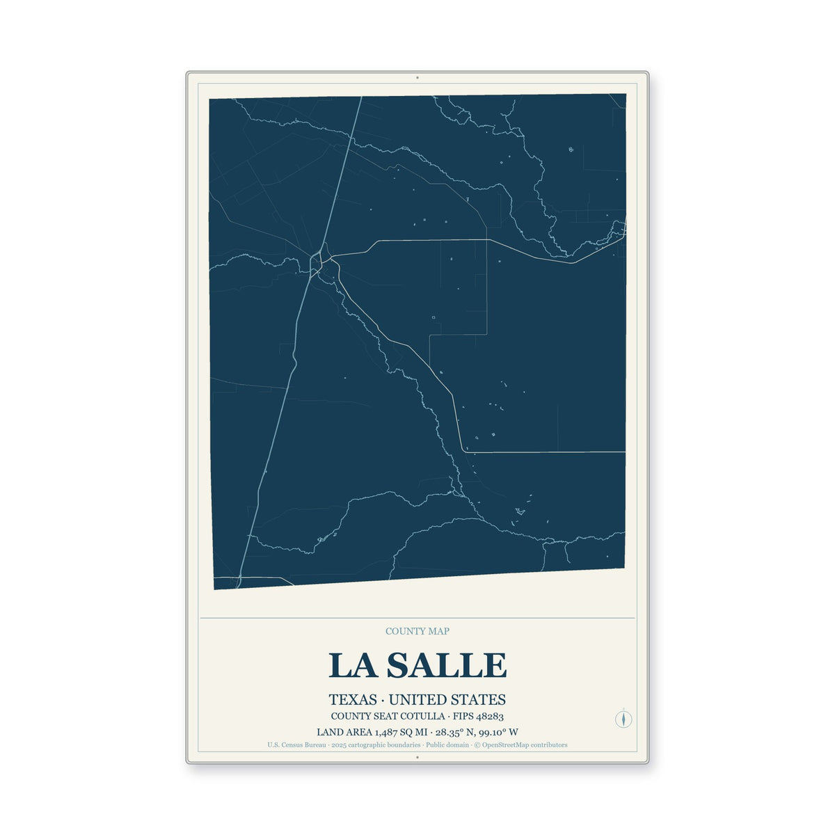 La Salle County, Texas Map Aluminum Sign in Coastal Cutout style