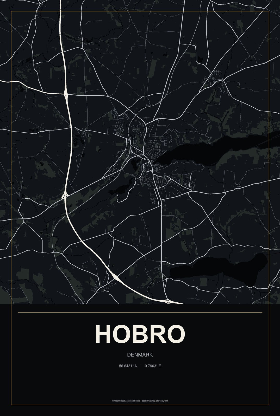 Hobro, Denmark City Map Aluminum Sign in Metropolitan Noir style