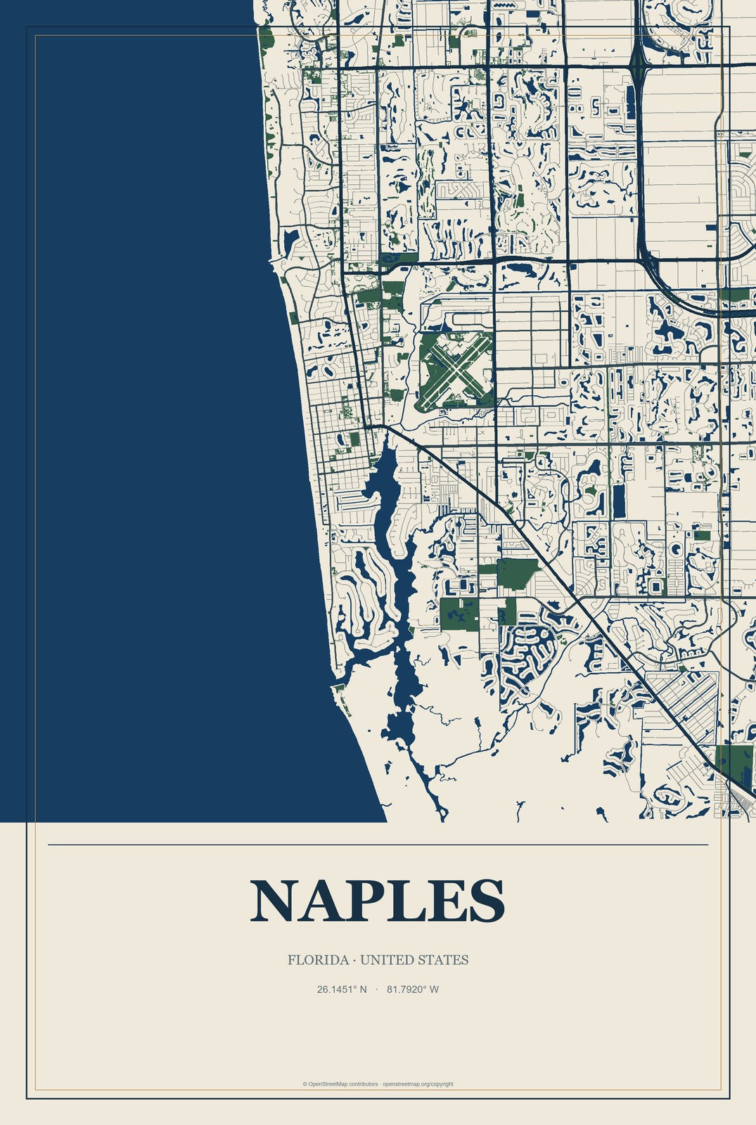 Naples, Florida City Map Aluminum Sign in Coastal Cutout style