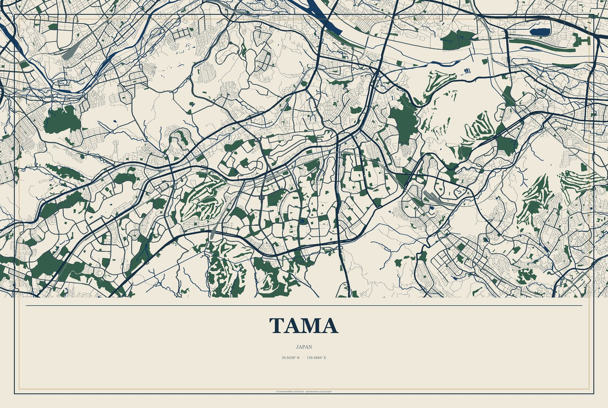 Tama, Japan City Map Aluminum Sign in Coastal Cutout style
