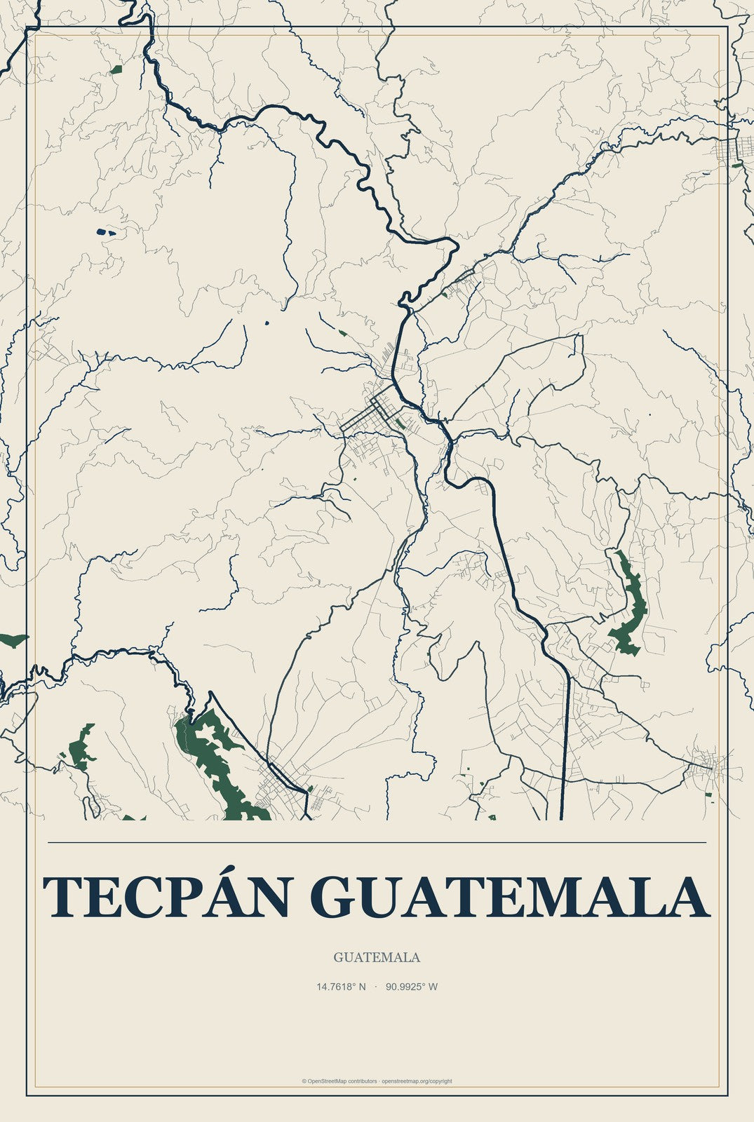 Tecpán Guatemala, Guatemala City Map Aluminum Sign in Coastal Cutout style