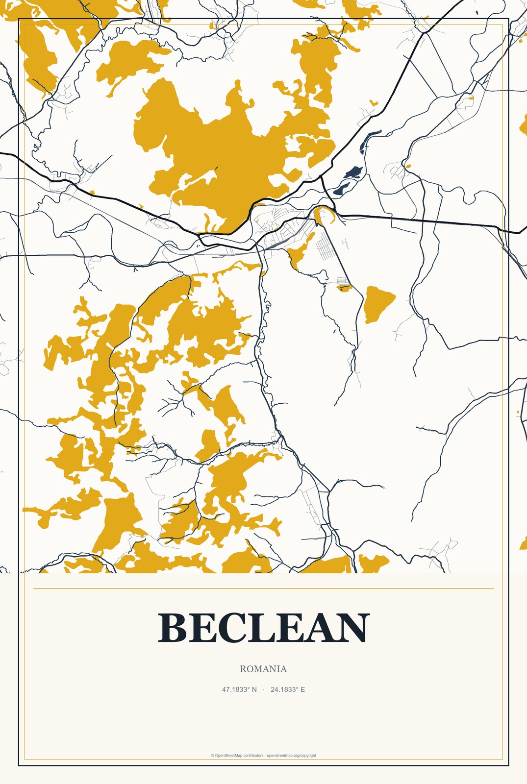 Beclean, Romania City Map Aluminum Sign in Citrine Modern style