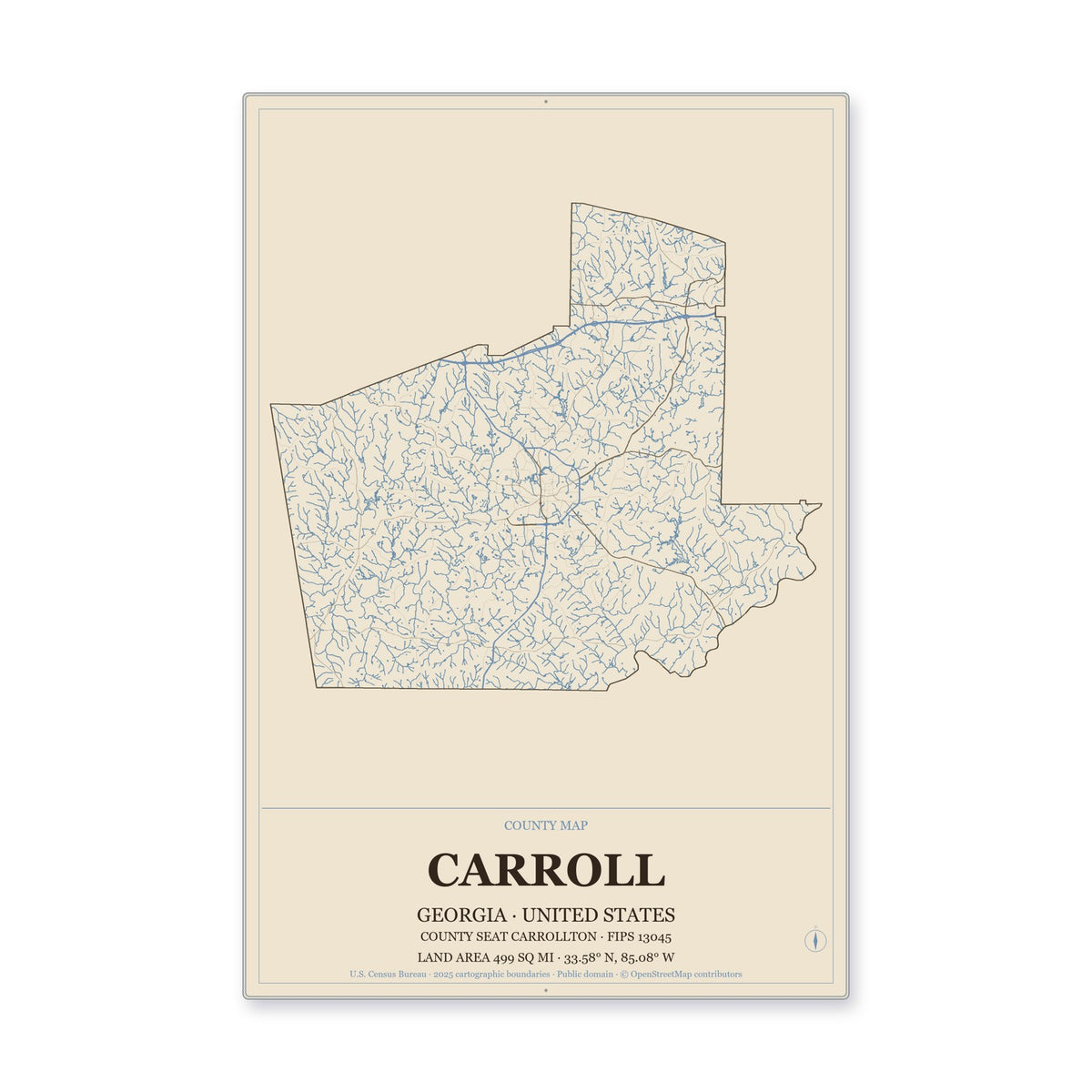 Carroll County, Georgia Map Aluminum Sign in Heritage Nautical style