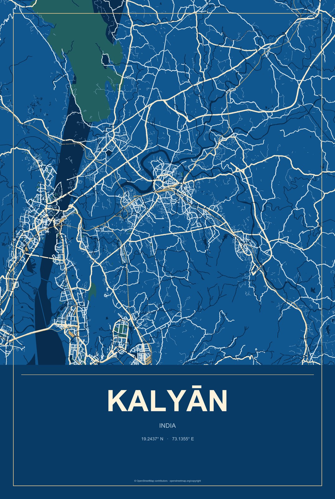 Kalyān, India City Map Aluminum Sign in Harbor Cobalt style