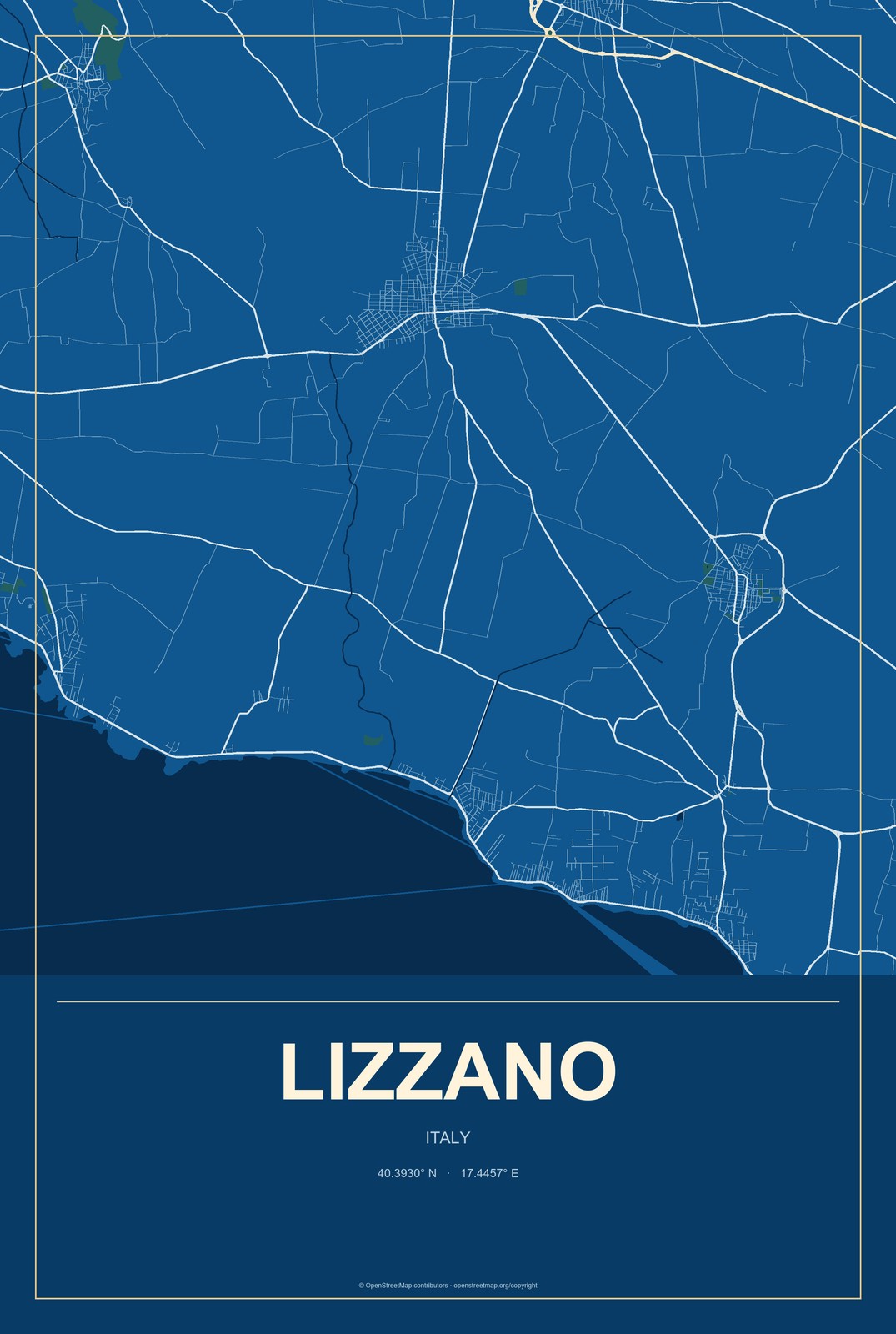 Lizzano, Italy City Map Aluminum Sign in Harbor Cobalt style