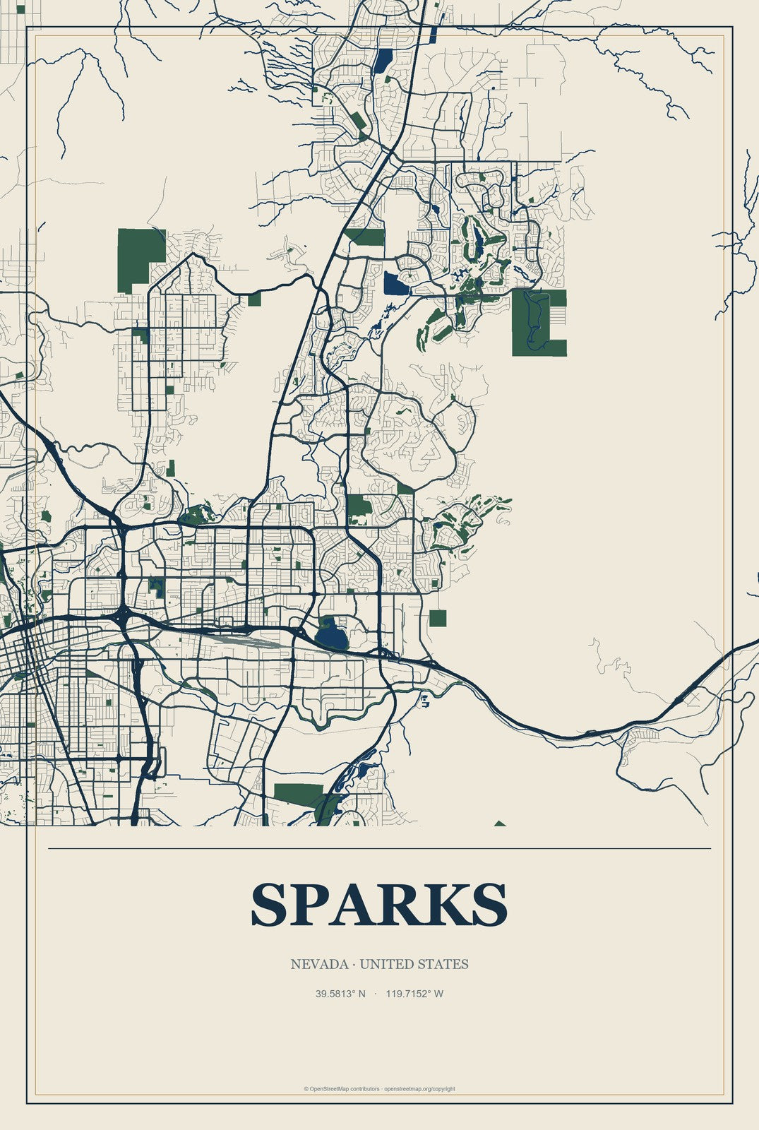 Sparks, Nevada City Map Aluminum Sign in Coastal Cutout style