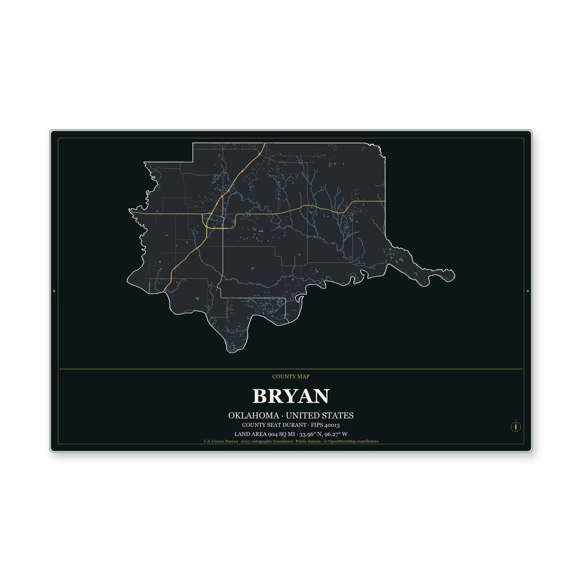 Bryan County, Oklahoma Map Aluminum Sign in Metropolitan Noir style