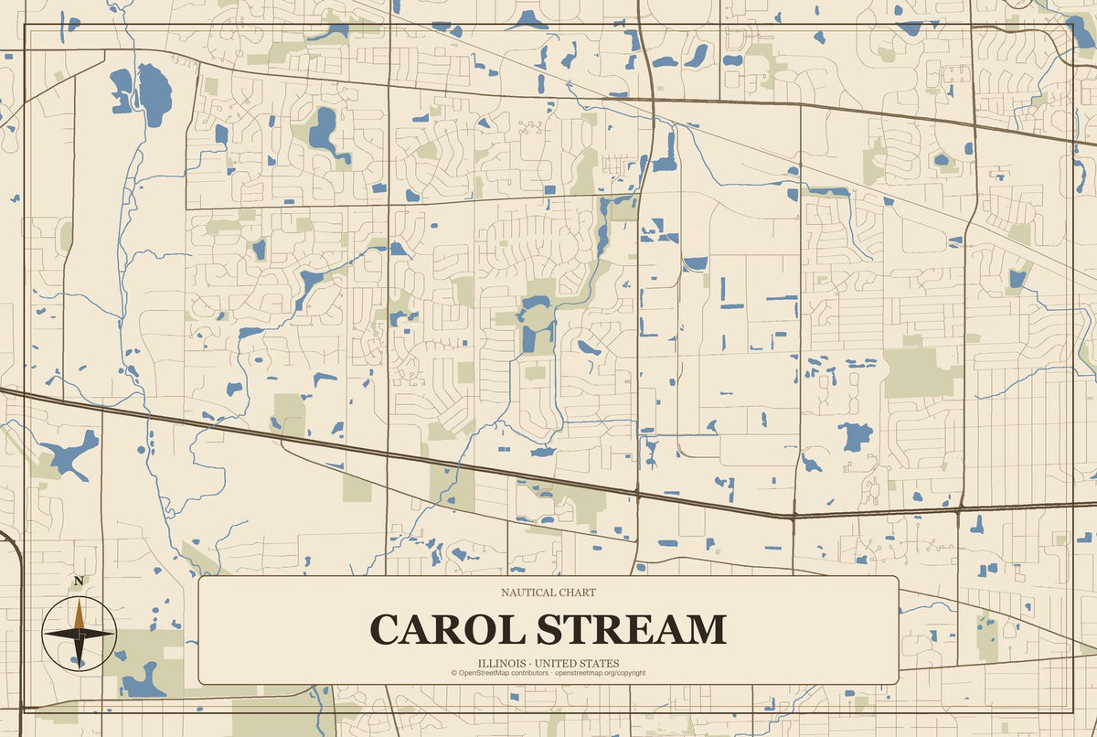 Carol Stream, Illinois City Map Aluminum Sign in Heritage Nautical style