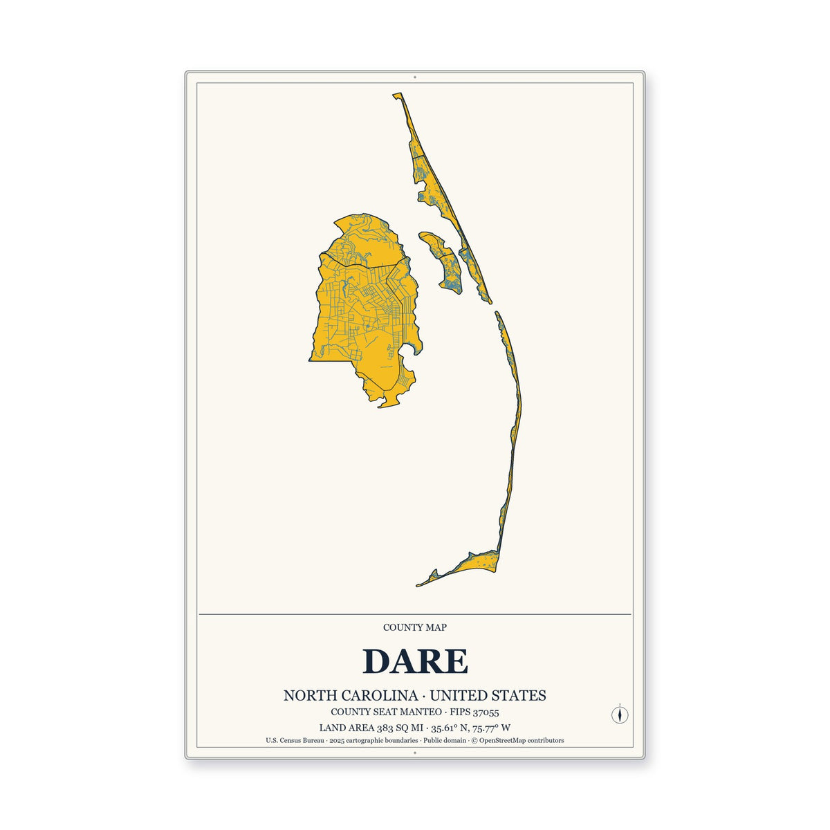 Dare County, North Carolina Map Aluminum Sign in Citrine Modern style