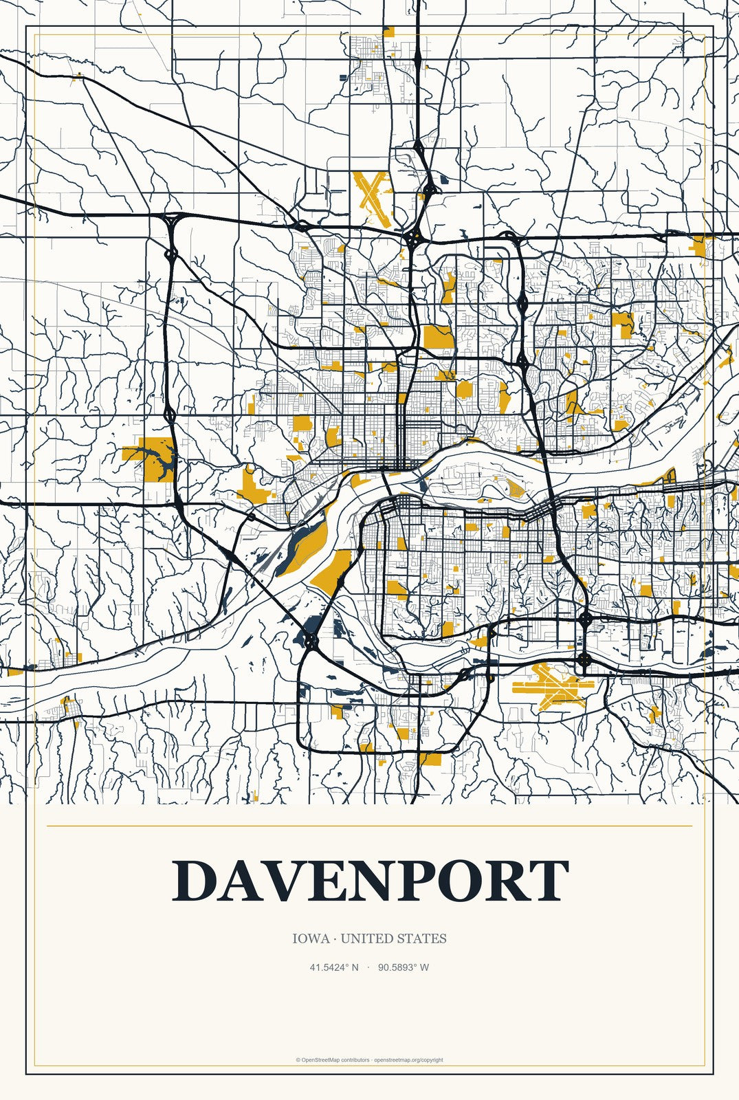 Davenport, Iowa City Map Aluminum Sign in Citrine Modern style