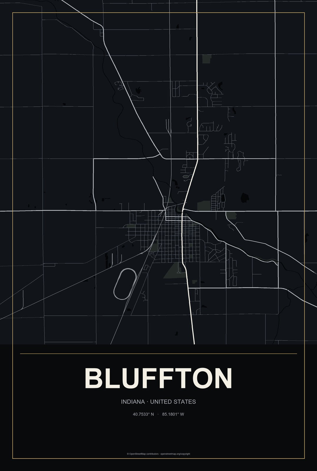 Bluffton, Indiana City Map Aluminum Sign in Metropolitan Noir style