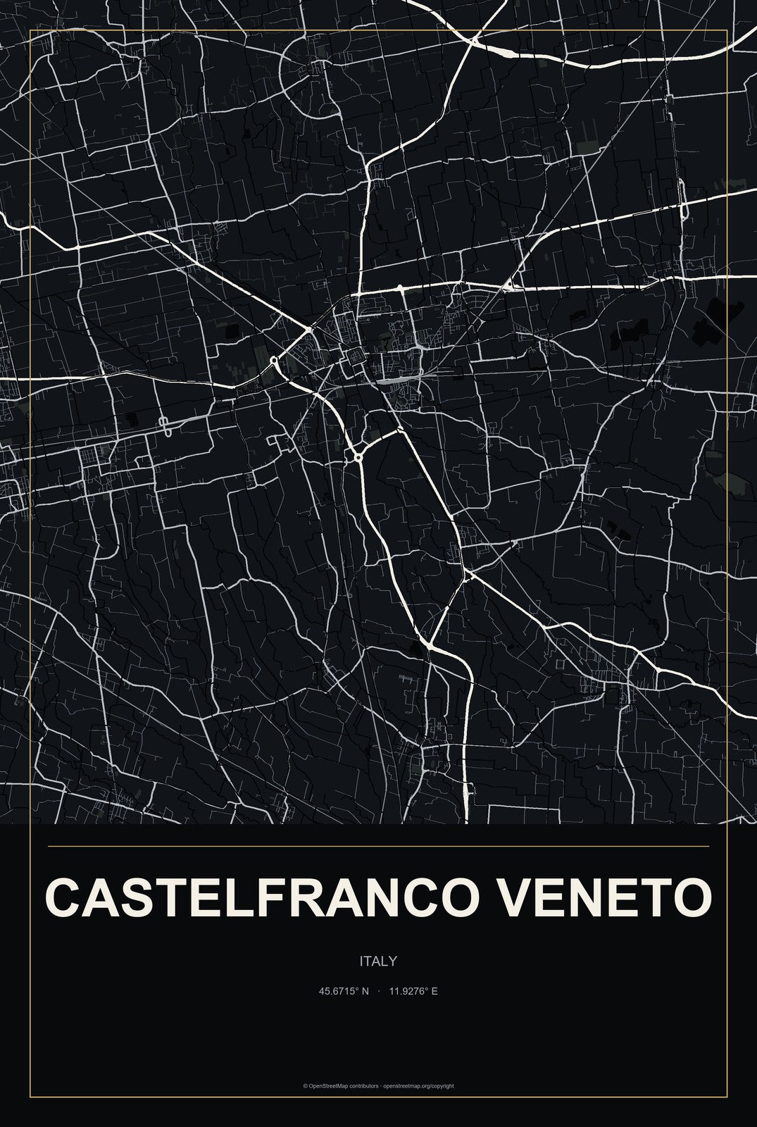 Castelfranco Veneto, Italy City Map Aluminum Sign in Metropolitan Noir style
