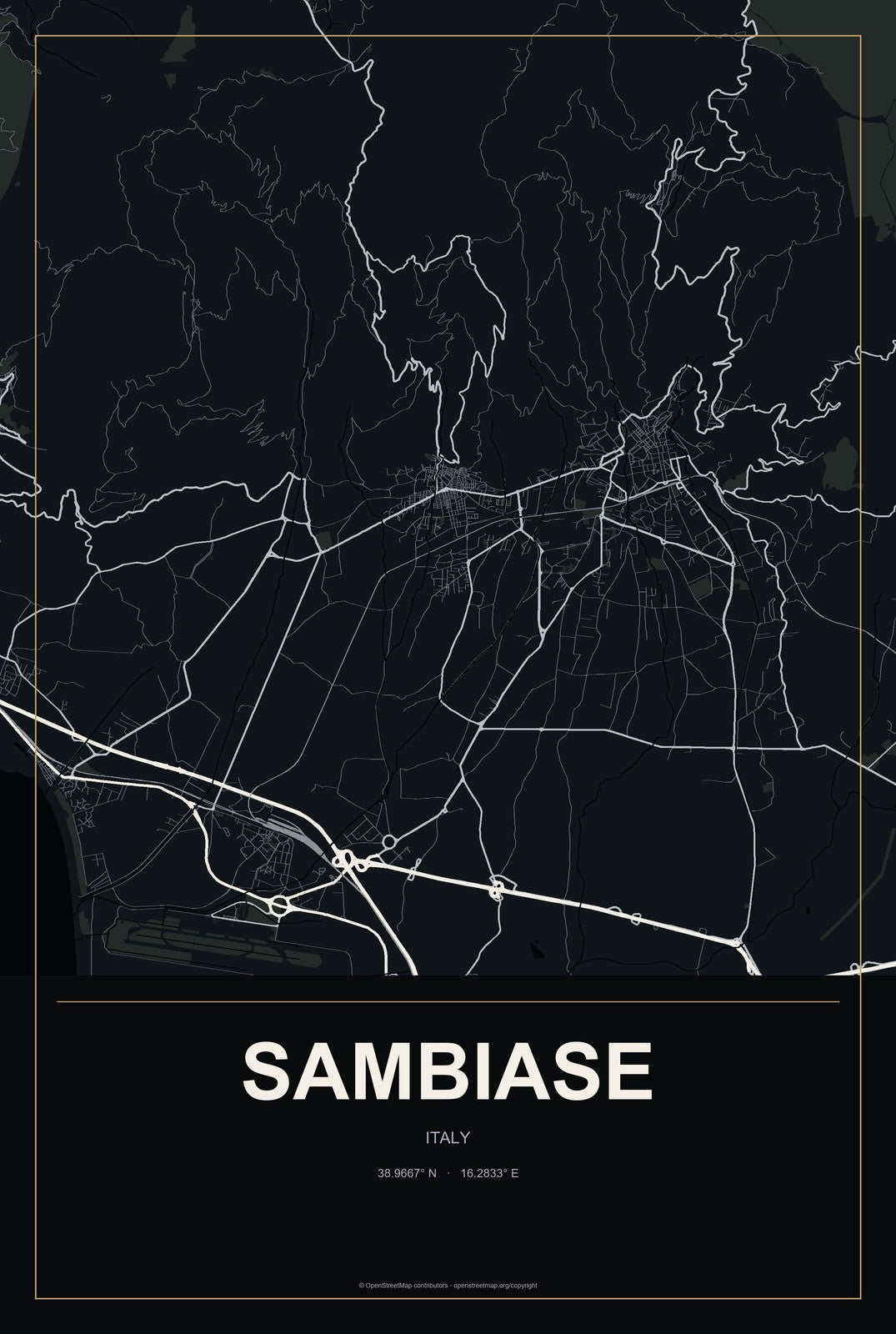Sambiase, Italy City Map Aluminum Sign in Metropolitan Noir style